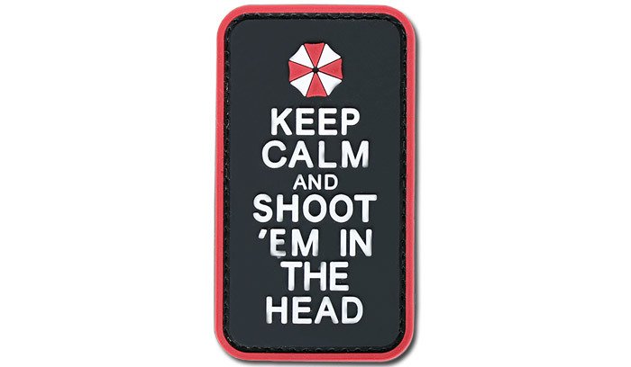 Keep Calm and Shoot 'Em in the Head PVC Patch, Velcro backed Badge. Great for attaching to your field gear, jackets, shirts, pants, jeans, hats or even create your own patch board. Size: 9x5cm