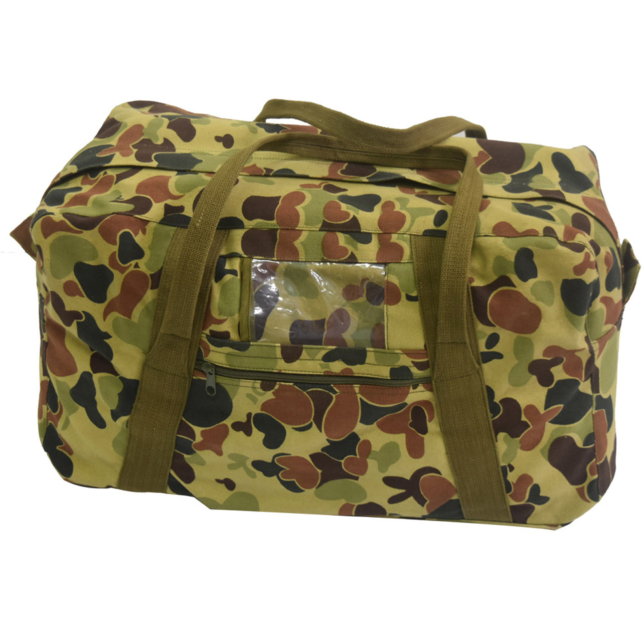Australian Army design, cotton canvas carry bag with side pocket and name tag window. Material: Cotton Canvas Measurements: 60cm x 30cm x 35 cm. Approx 50L capacity