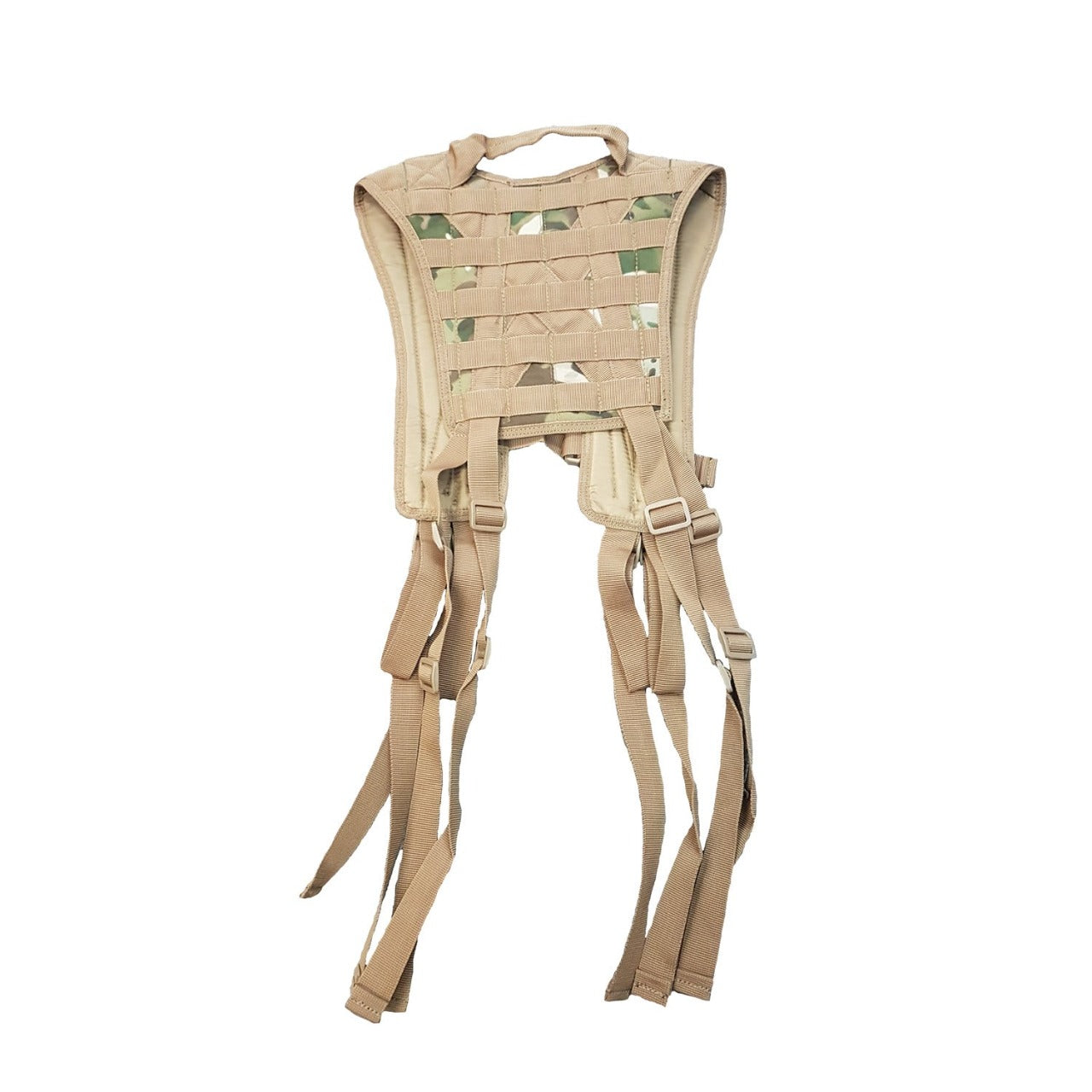 The 8 point harness is suitable for all outdoor activities, camping and military needs 900D double PU coated fabric, this harness is designed to last while maintaining ultimate comfort throughout use The 8 point harness also has 2 attachment points on the front and 4 attachment points on the back as well as modular hydration attachment and drag handles