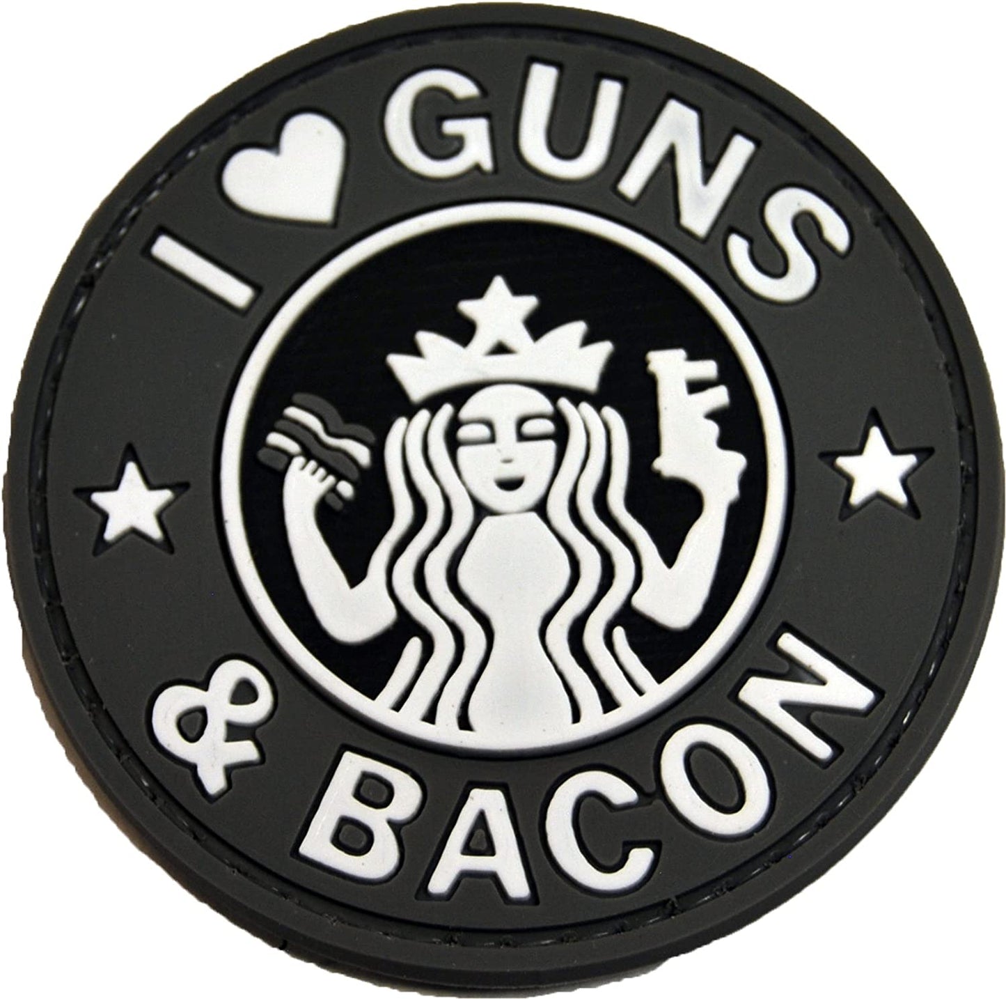 I Love Guns and Bacon PVC Patch, Velcro backed Badge. Great for attaching to your field gear, jackets, shirts, pants, jeans, hats or even create your own patch board. Size: 6cm