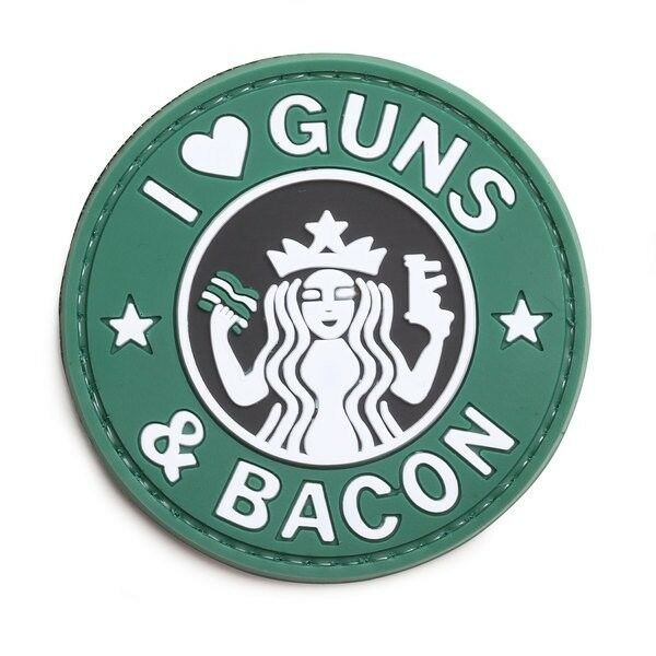 I Love Guns and Bacon PVC Patch, Velcro backed Badge. Great for attaching to your field gear, jackets, shirts, pants, jeans, hats or even create your own patch board. Size: 6cm