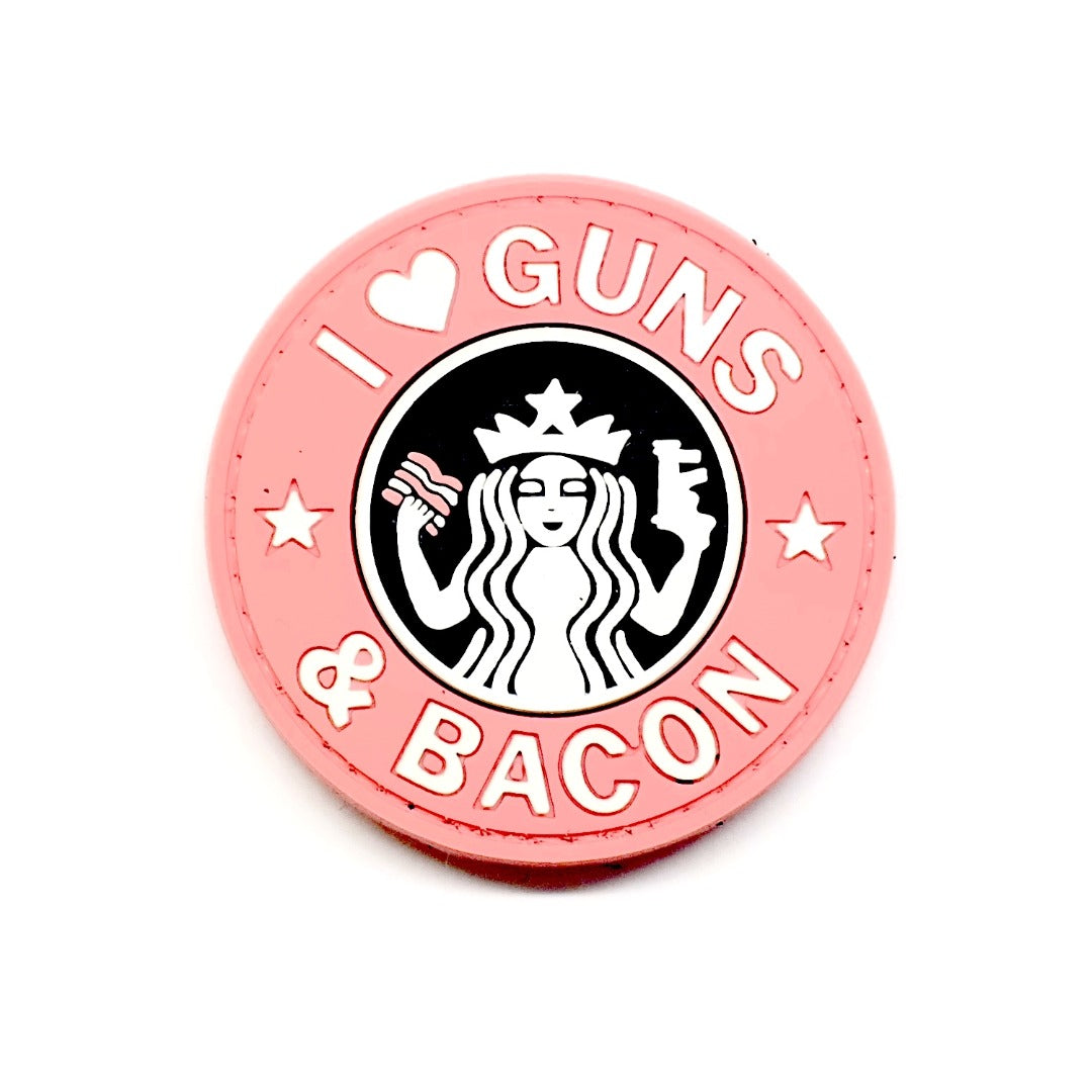 I Love Guns and Bacon PVC Patch, Velcro backed Badge. Great for attaching to your field gear, jackets, shirts, pants, jeans, hats or even create your own patch board. Size: 6cm