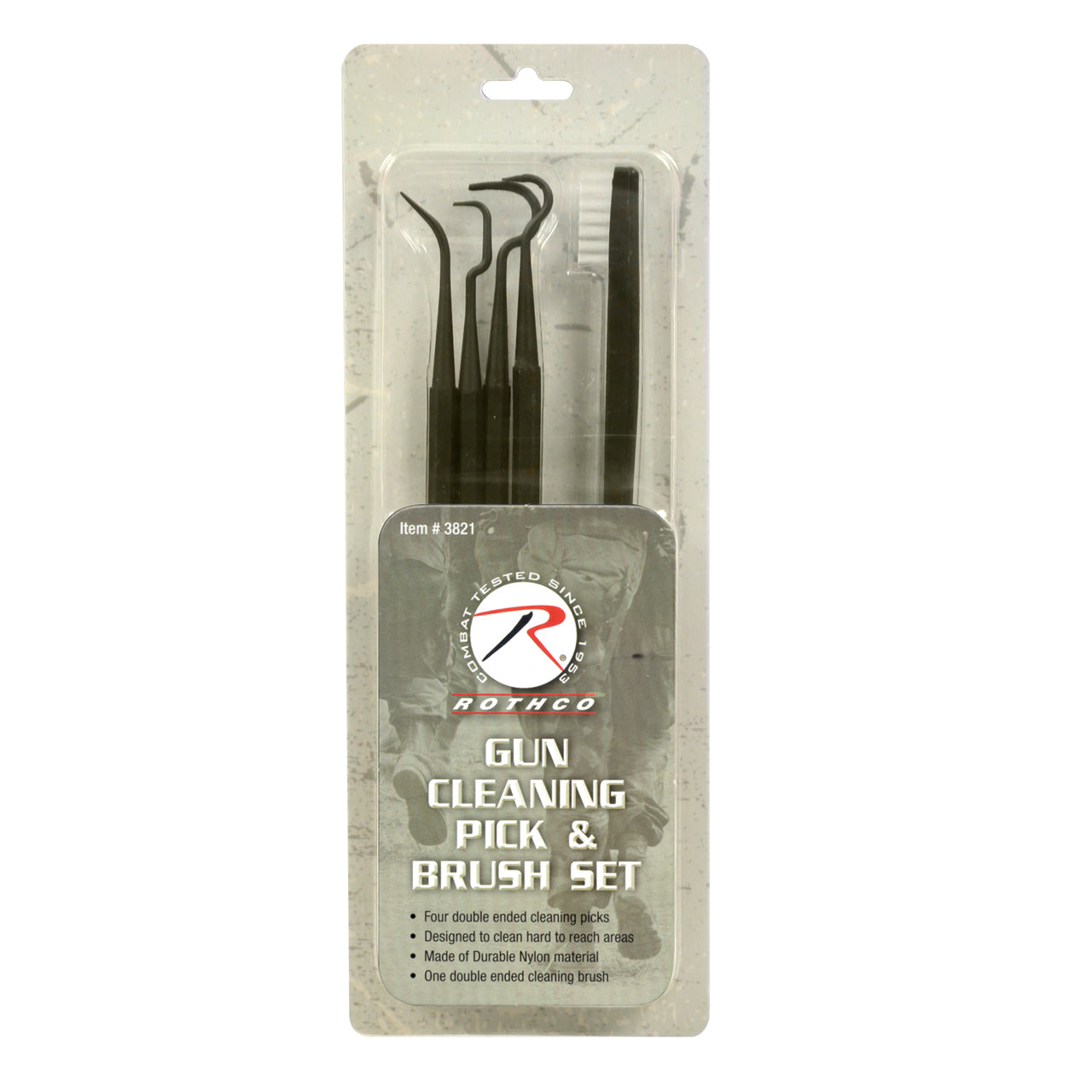 Rothco's Gun Cleaning Pick and Brush Set is a kit of 4 nylon picks and a polypropylene brush. Each pick is double ended with different shapes and grips. Each pick has a hexagon shape for grip. www.moralepatches.com.au