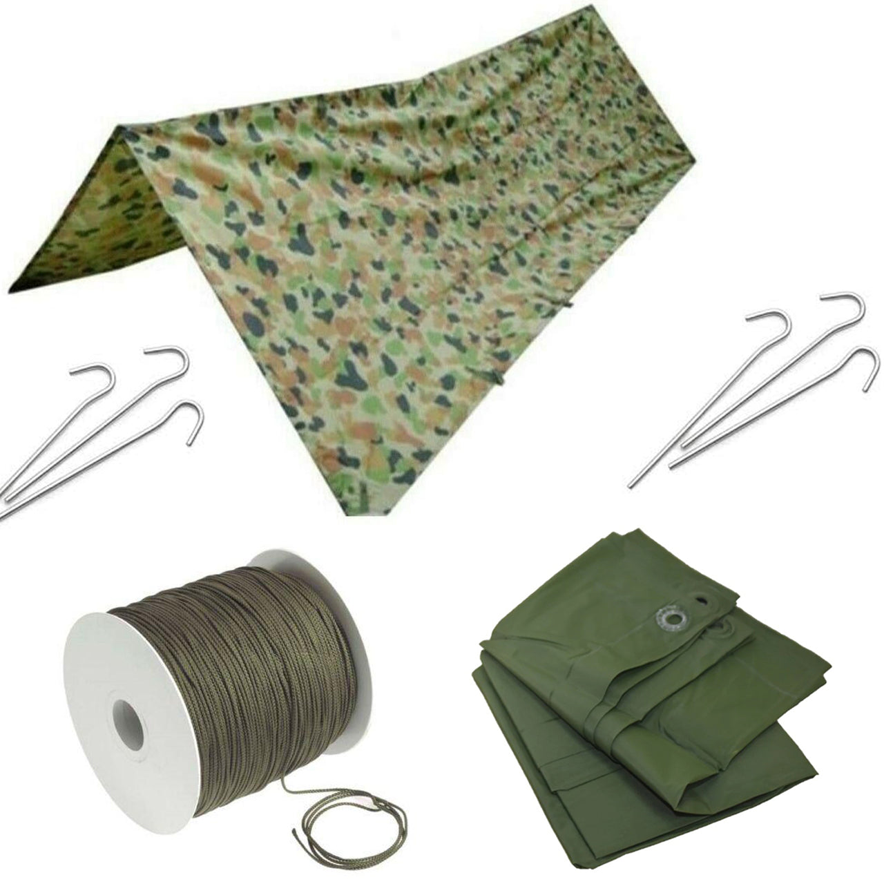 hoochie tent Hoochie Auscam Ground Sheet Hoochie Cord and Tent peg Bundle – Morale Patches Australia
