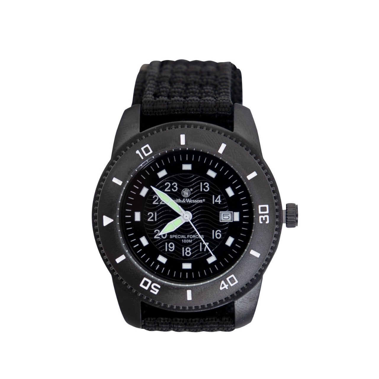 The Smith & Wesson Commando Watch is water resistant up to 3 ATM/ 30 meters/ 99 ft. Water Resistant Up To 3 ATM/ 30 Meters/ 99 Ft Precision Quartz Japanese Movement Black Face With Date Bezel Rotates Counter Clockwise Adjustable Nylon Wrist Band www.moralepatches.com.au