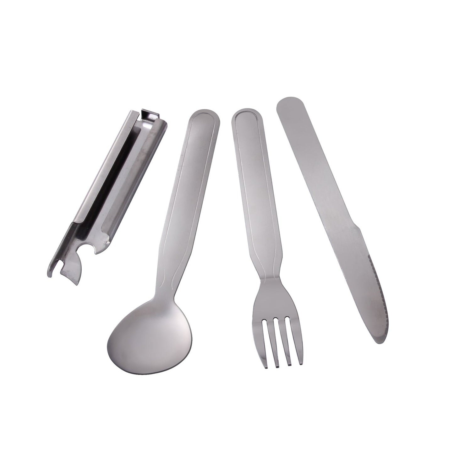Rothco's Deluxe Chow Set is the ultimate camping utensil. Deluxe Stainless Steel Chow Set Includes 4 Pieces: Serrated Knife, Fork, Spoon, And Can Opener/Bottle Opener Storage Pouch Included For Easy Carrying Fits Great In A Lunchbox, Bug Out Bag, Camping Or Hiking Pack All 4 Pieces Fit Easily Together To Make One Cohesive Unit