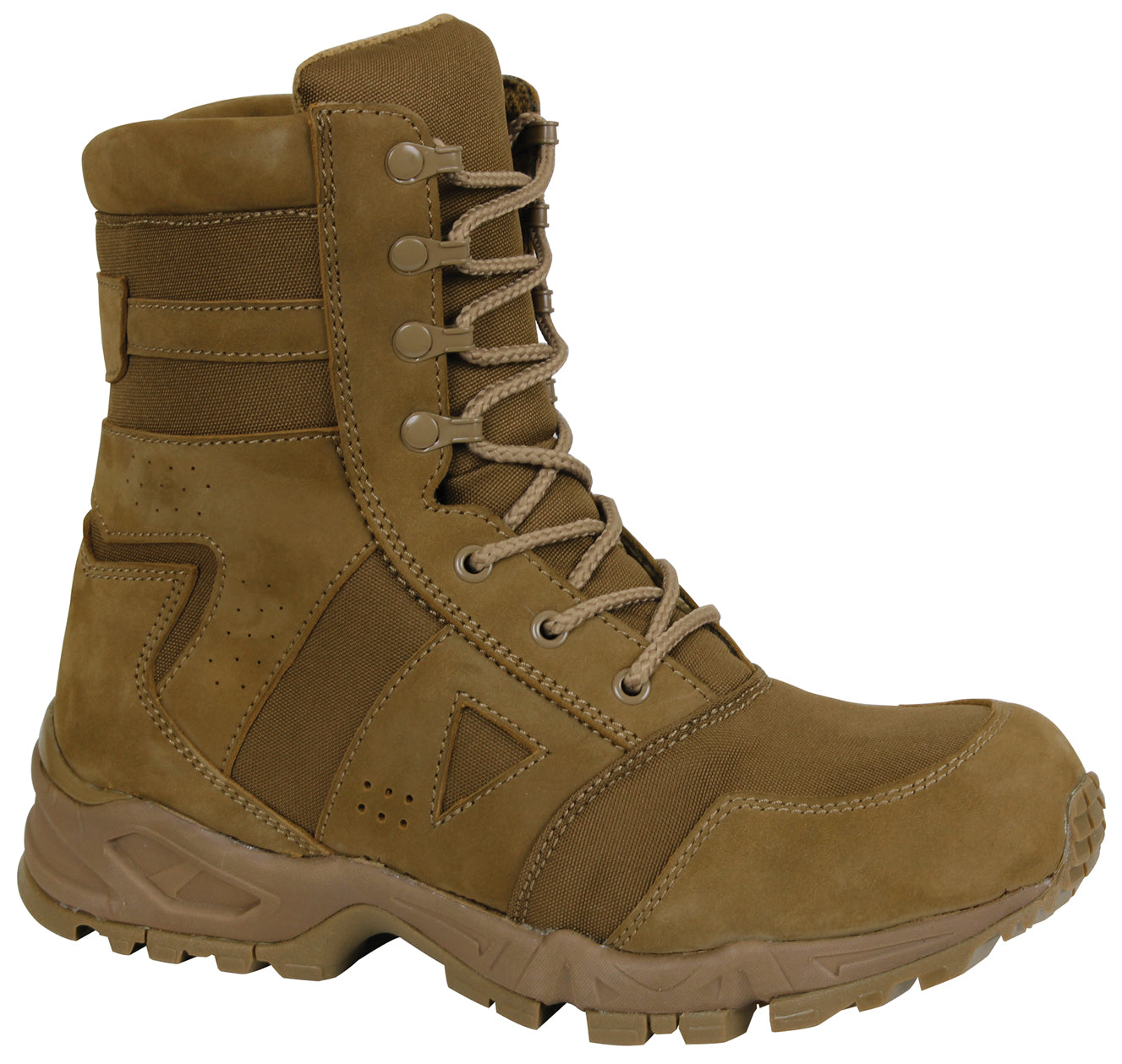 Rothco's Coyote Brown Force Entry Tactical Boot is compliant to military regulation AR 670-1 (DA PAM 670-1, Section 20-3 Boots) Standards. Compliant To Military Regulation AR 670-1 Height Of 8" (Measured From The Ground At Back Center) Upper Flesh Side Out Cattle Hide Leather (Nubuck) With Nylon Rubber Outsole Matching The Upper In Color Plain Toe "Cambrelle" Synthetic Lining (No Mesh) Soles Measure 1.75" In Height Double Side Vents For Breathable Comfort Padded Collar For Additional Support