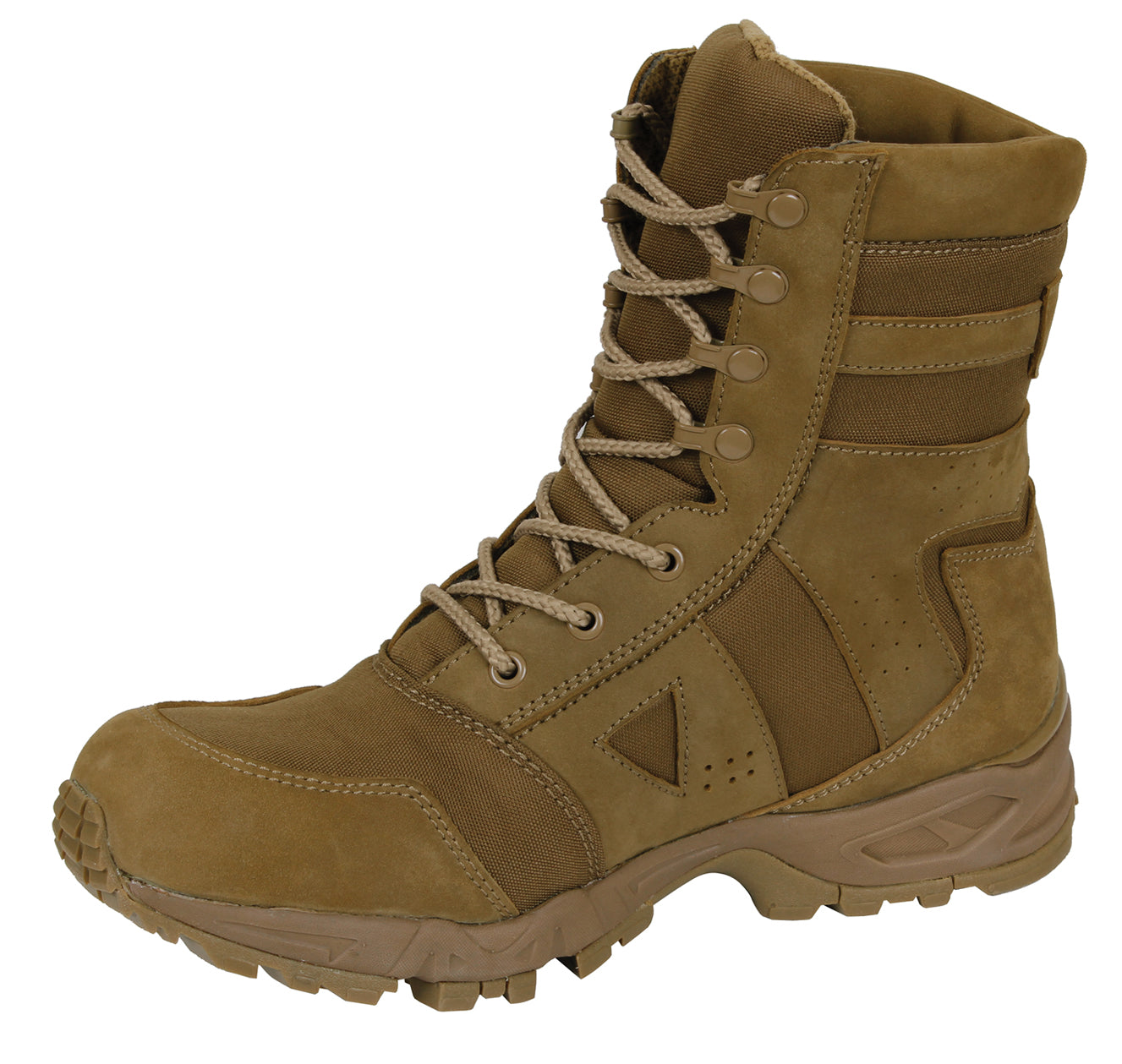 Rothco's Coyote Brown Force Entry Tactical Boot is compliant to military regulation AR 670-1 (DA PAM 670-1, Section 20-3 Boots) Standards. Compliant To Military Regulation AR 670-1 Height Of 8" (Measured From The Ground At Back Center) Upper Flesh Side Out Cattle Hide Leather (Nubuck) With Nylon Rubber Outsole Matching The Upper In Color Plain Toe "Cambrelle" Synthetic Lining (No Mesh) Soles Measure 1.75" In Height Double Side Vents For Breathable Comfort Padded Collar For Additional Support