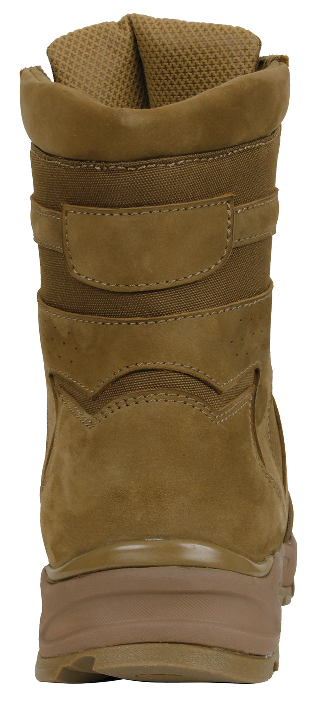 Rothco's Coyote Brown Force Entry Tactical Boot is compliant to military regulation AR 670-1 (DA PAM 670-1, Section 20-3 Boots) Standards. Compliant To Military Regulation AR 670-1 Height Of 8" (Measured From The Ground At Back Center) Upper Flesh Side Out Cattle Hide Leather (Nubuck) With Nylon Rubber Outsole Matching The Upper In Color Plain Toe "Cambrelle" Synthetic Lining (No Mesh) Soles Measure 1.75" In Height Double Side Vents For Breathable Comfort Padded Collar For Additional Support