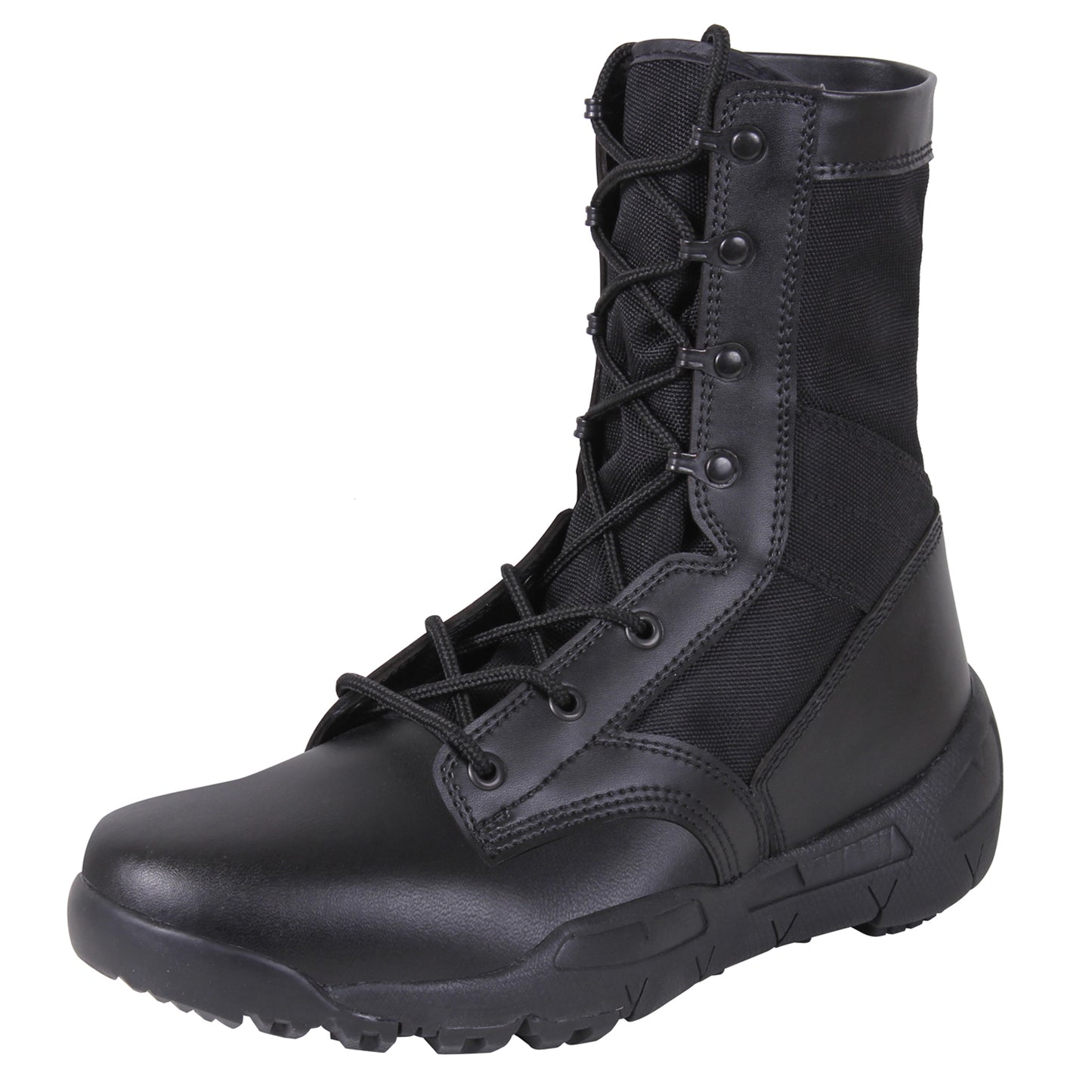 Rothco’s V-Max Lightweight Tactical Boot is the optimal choice for an all-purpose military-style boot. Military-Style 8 ½” Cross Training Boot Is Designed With The Comfort And Support Of A Running Shoe The V-Max Lightweight Boot Interior Contains A Removable EVA Insole And 2 Screen Air Vents To Keep Your Feet Cool Rubber And EVA Outsole Provides Improved Traction While You Are On The Move Iron Eyelet Lace System Will Keep Your Tactical Boots Tightly Secured