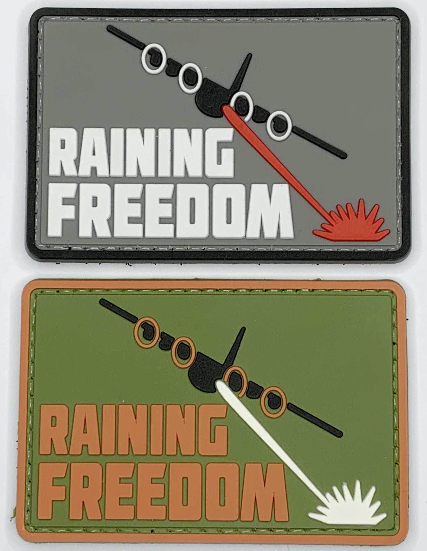 Raining Freedom PVC Patch, Velcro backed Badge. Great for attaching to your field gear, jackets, shirts, pants, jeans, hats or even create your own patch board. Size: 7.5x5cm