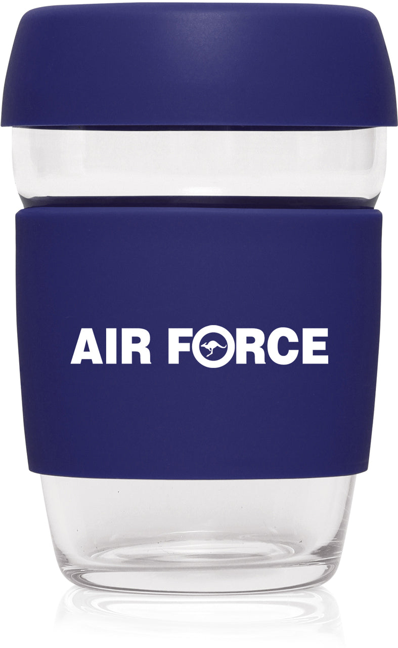An eco-friendly way to enjoy your favourite brew. 375ml capacity glass cup with silicone lid and grip sleeve with Royal Australian Air Force logo.