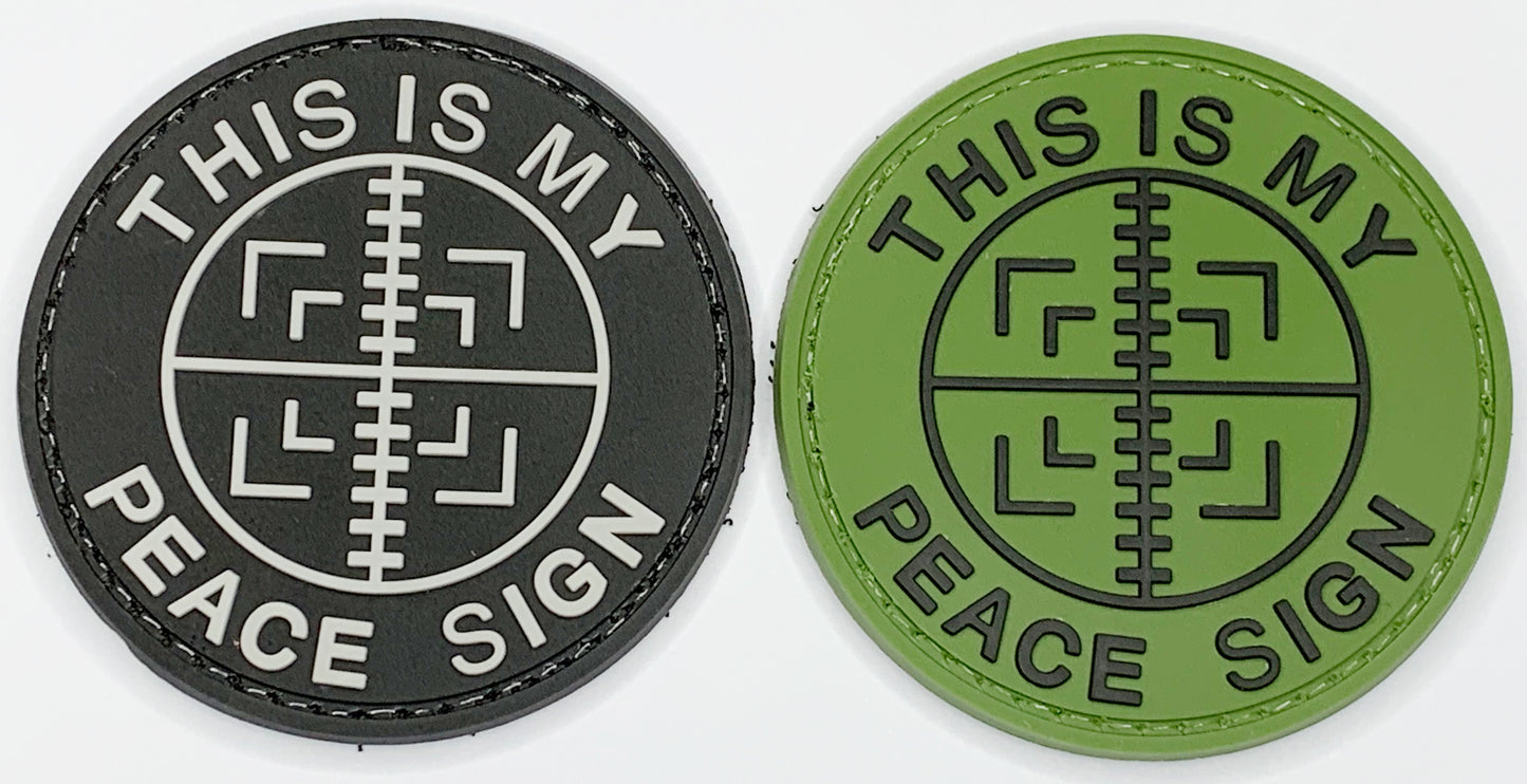 This is my Peace Sign PVC Patch, Velcro backed Badge. Great for attaching to your field gear, jackets, shirts, pants, jeans, hats or even create your own patch board. Size: 6cm