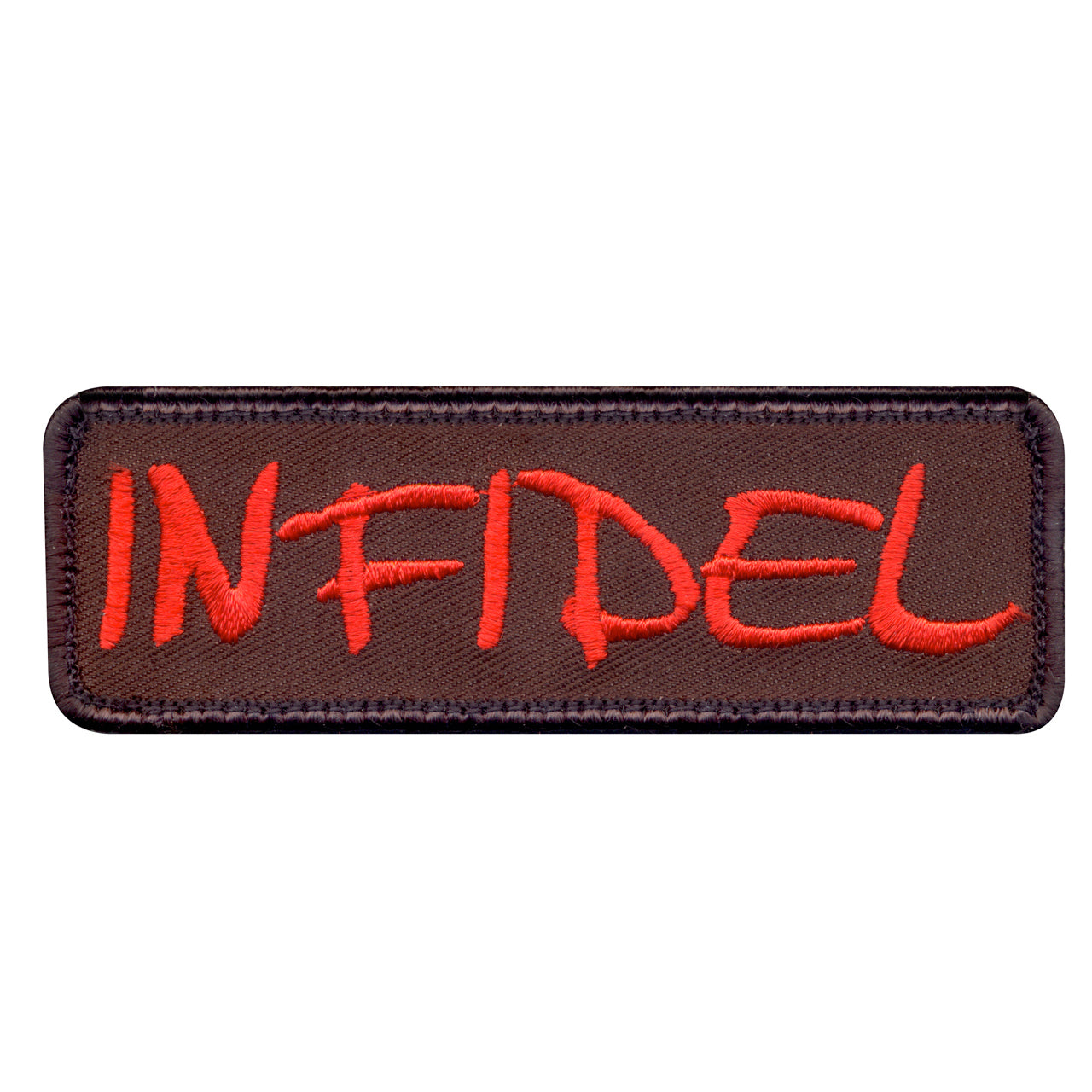 Infidel Morale Patch with hook backing and pairs perfectly with any of our hook & loop accessories including our Special Ops Jacket and or Tactical Vests. Infidel Morale Patch Measures 10.5X3.3CM Hook Backing