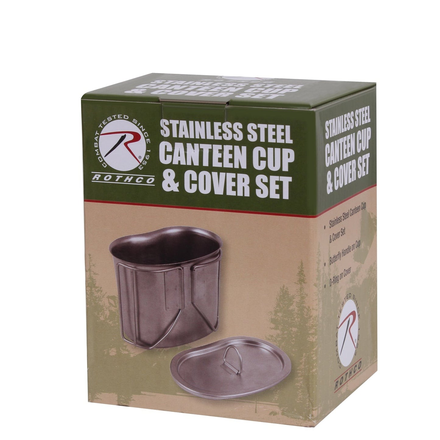 Rothco's Stainless Steel Canteen Cup and Cover Set is ideal for camping, bug out bags, and cooking. Durable Heavy Gauge Stainless Steel Cup And Cover Set Convenient Lid Helps Keep Water Or Food Fresh Butterfly Handle Makes It Easy To Hold And Use Measures: 4 1/2" X 2 7/8" (Bottom), 5 1/4" X 3 1/4" (Top), And 3 3/4" (Height) Ideal For Camping, Hiking, Or Bug Out Bags