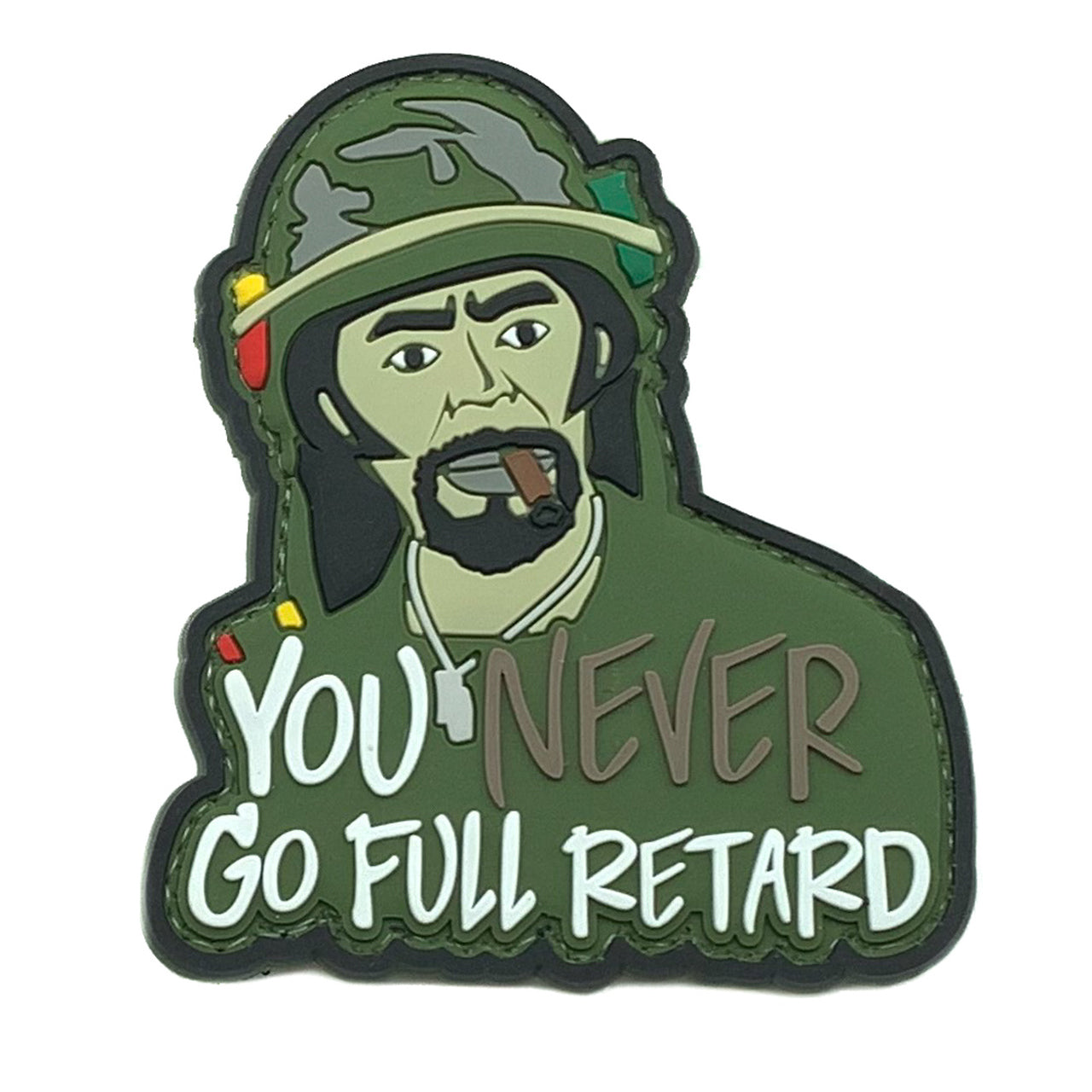 You Never Go Full Retard PVC Patch, Velcro backed Badge. Great for attaching to your field gear, jackets, shirts, pants, jeans, hats or even create your own patch board. Size: 7.5x9cm