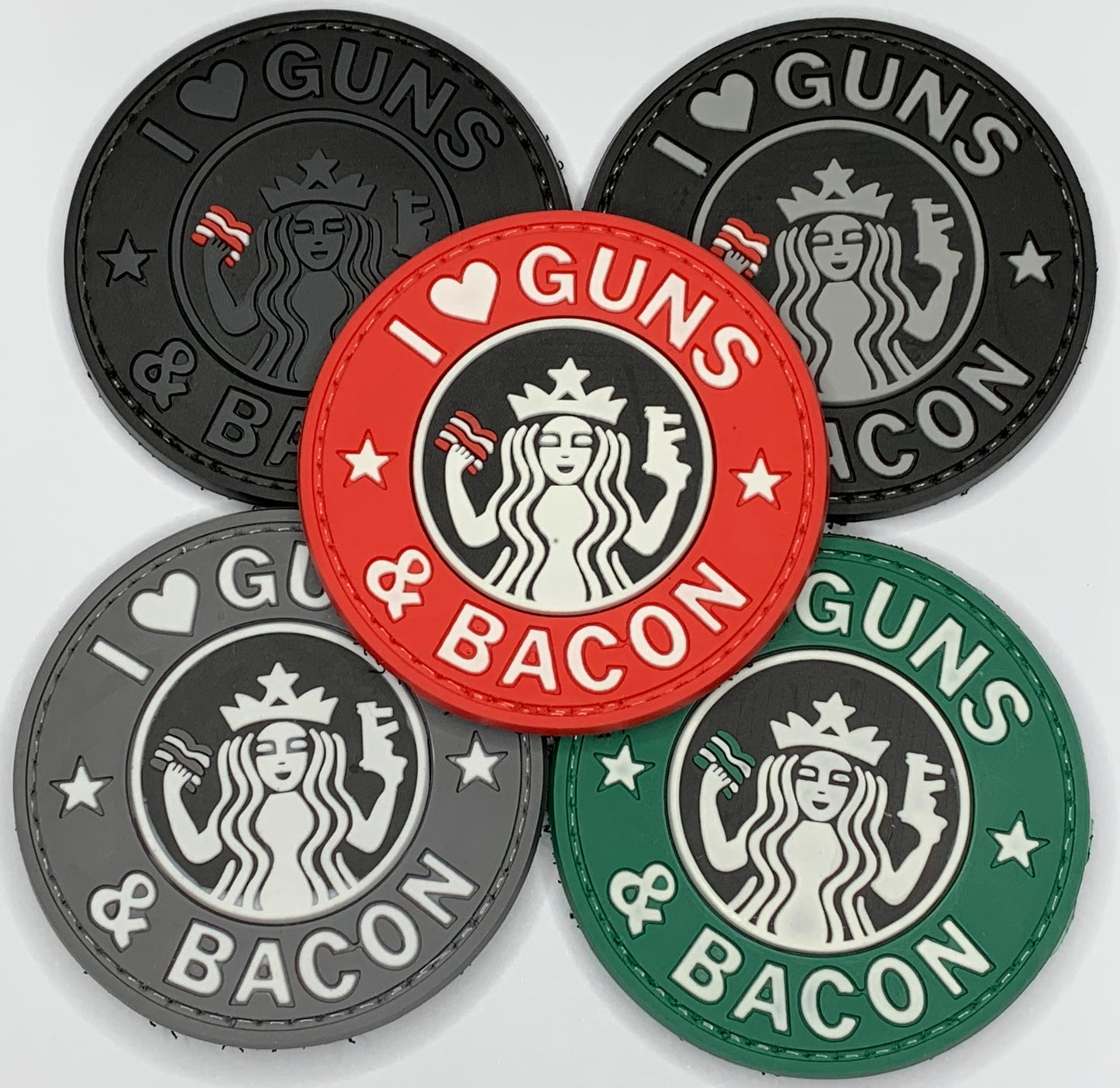 I Love Guns and Bacon PVC Patch, Velcro backed Badge. Great for attaching to your field gear, jackets, shirts, pants, jeans, hats or even create your own patch board. Size: 6cm
