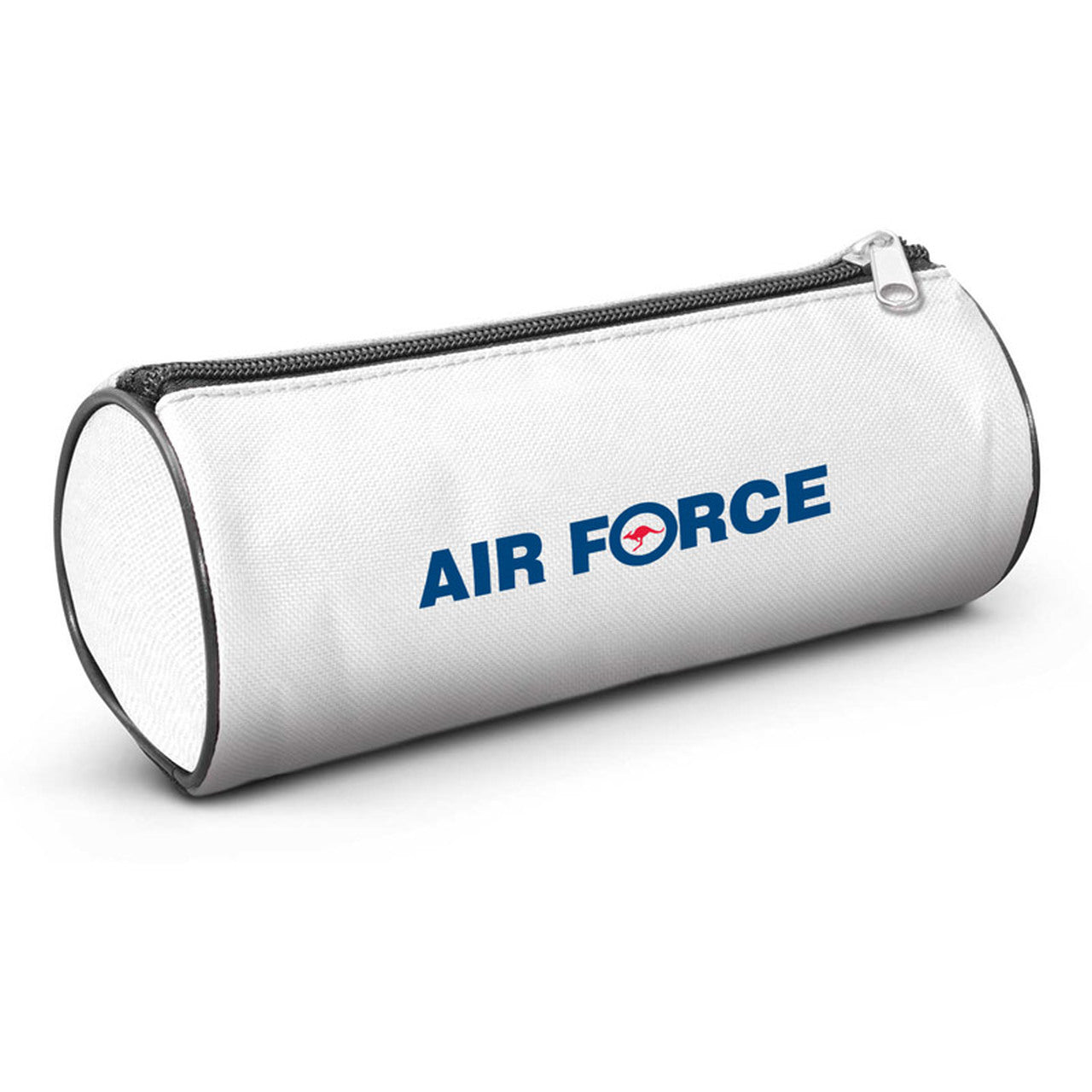 Air Force branded large round pencil case manufactured from 600D polyester and comes with a foam padded inner lining and a zippered closure. Great promotional gift for for anyone who carries stationery. Dimensions L 192mm x Dia 84mm