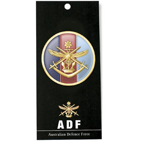 The Australian Defence Force (ADF) medallion. Displayed on a presentation card with a brief history of the ADF. This spectacular 48mm gold plated enamel medallion will start conversations wherever you show it or hand it out. Specifications: Material: Full-colour enamel Colour: Gold, blue, red Size: 48mm