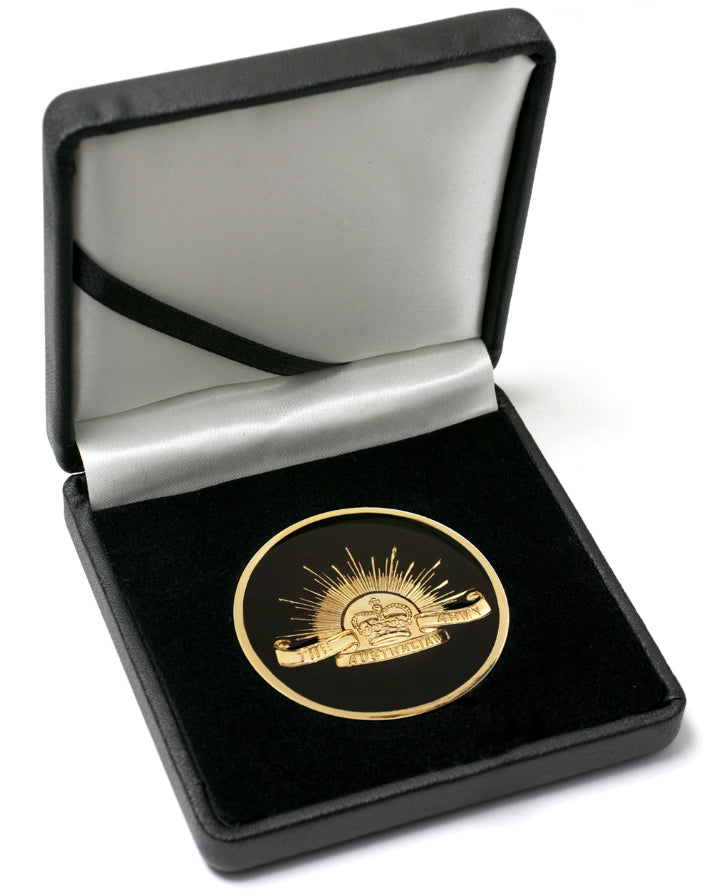 Superb Army 48mm medallion presented in a leather look gift box.