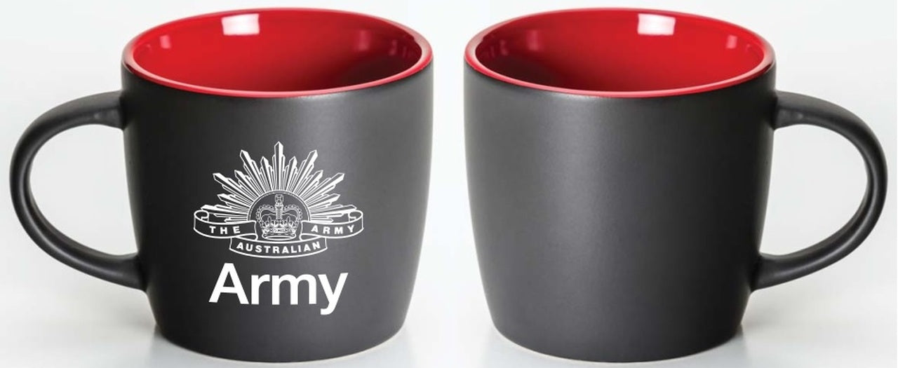 Give your morning brew an extra kick with this matt-finish mug with red glaze inner and Rising Sun badge.
