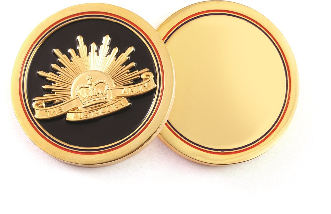 This distinctive 50mm presentation medallion features the Rising Sun badge against a midnight black enamel background with red and blue border detail. The high-polish brass finish makes it an ideal gift, presentation item or challenge coin to share Army's identity and heritage.