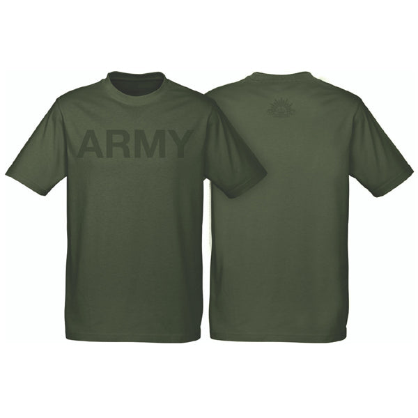 Australian Army branded T-Shirt. Features tone-on-tone 'ARMY' screen-printing with Rising Sun badge on back. Supersoft combed cotton for maximum comfort. *Text appears darker in photo* Specifications: Materials: 100% Cotton Colour: Army Green Size: S - 2XL