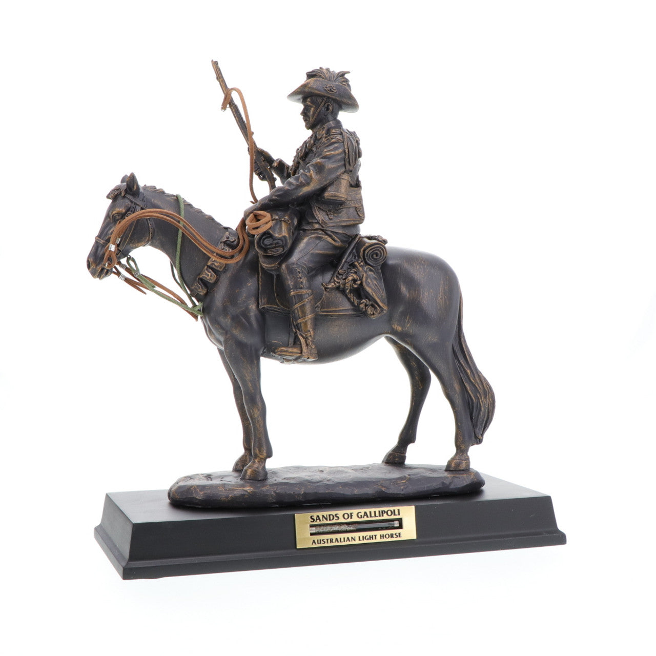 The exceptional Sands of Gallipoli release Light Horse Limited Edition Figurine has been a collectors favourite. The cold cast bronze figurine proudly remembers the Australian Light Horse and the place of these men and horses in our national heritage. The figurine is approximately 310mm high and features a glass vial of authentic Gallipoli sand set into the base and the production is limited to 5000 units. www.moralepatches.com.au