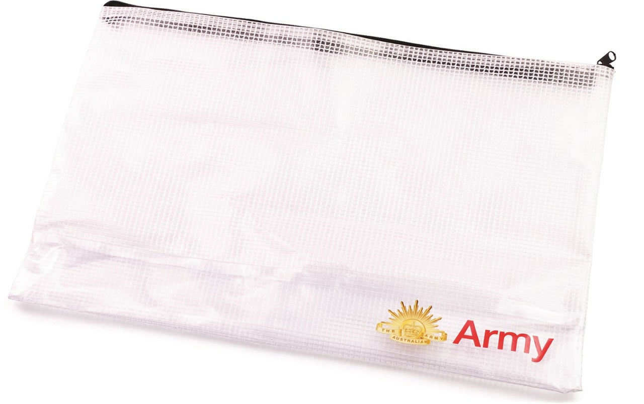 Australian Army branded A4 document pouch will keep your documents dry and organised. Water resistant construction with zip opening.