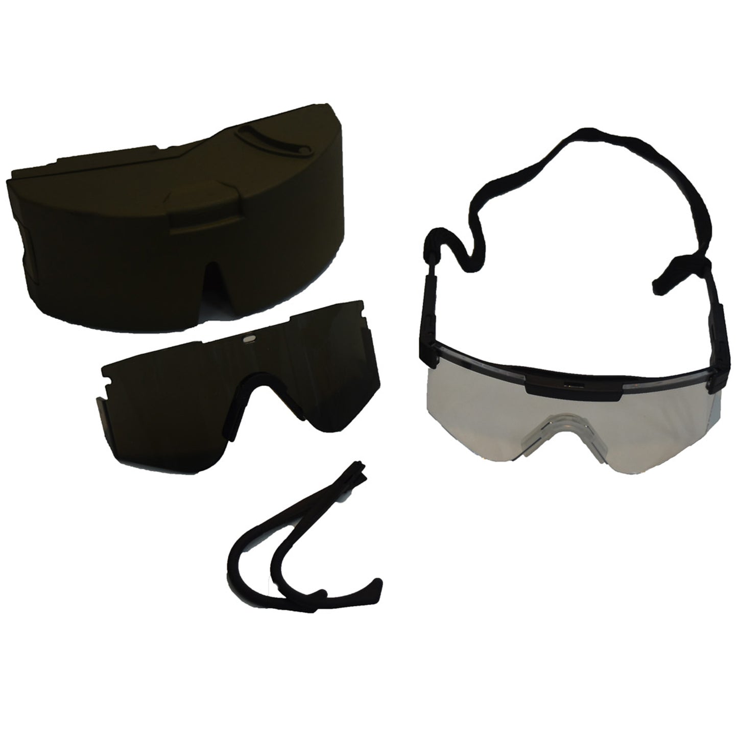 SPECS: Special Protect Eyewear Cylindrical System. US Military issue packed in a pack detachable hard case with a retainer strap. Interchangeable lenses: Clear and Grey, Interchangeable and adjustable arms: Straight and hook over ears. Colour: Olive hard case. Alice clips on the back to attach to your webbing or belt