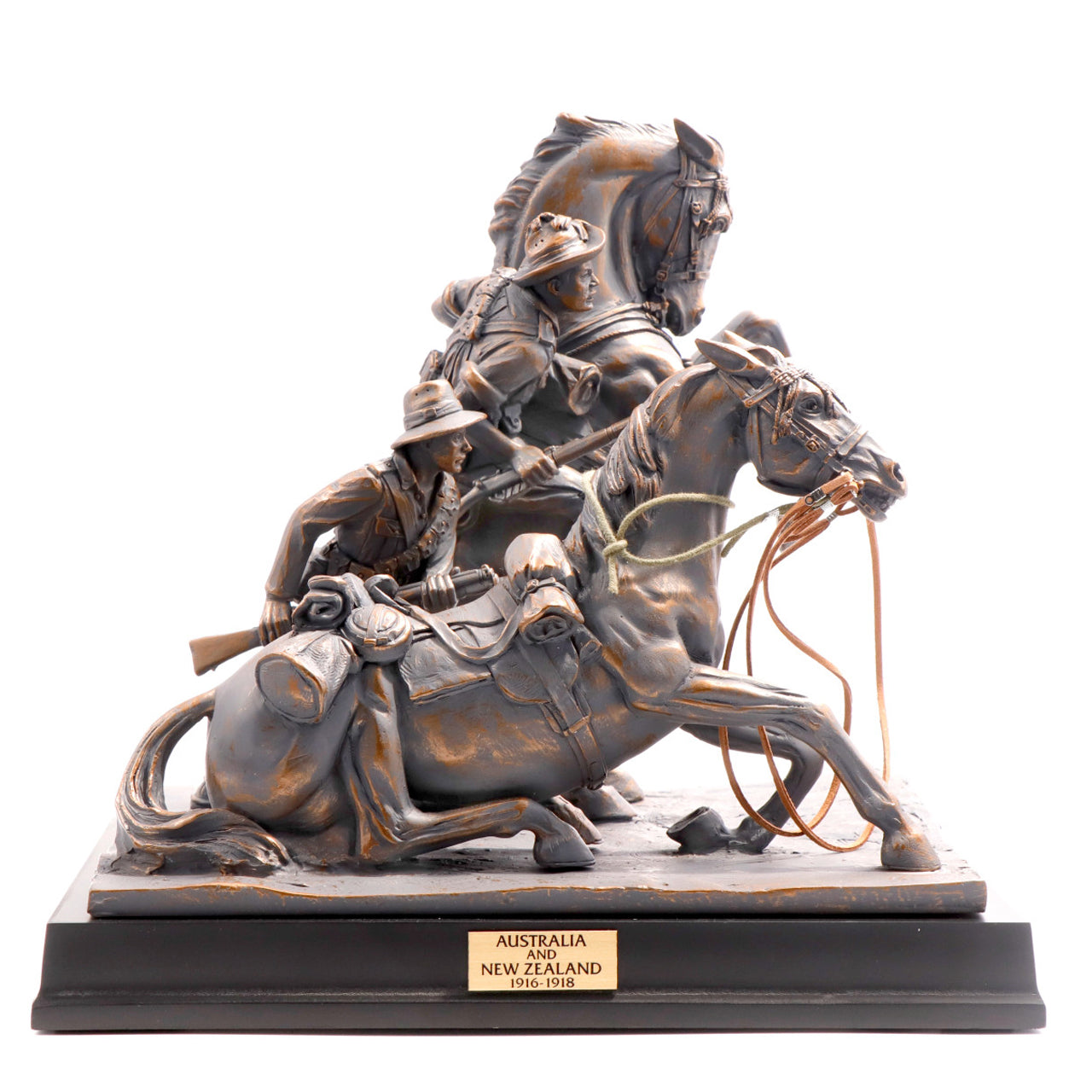 This limited edition cold cast bronze figurine honours the bonds of the Desert Mounted Corps of Australian and New Zealand soldiers who died in service or were killed in action in Egypt, Palestine and Syria during World War One. www.moralepatches.com.au