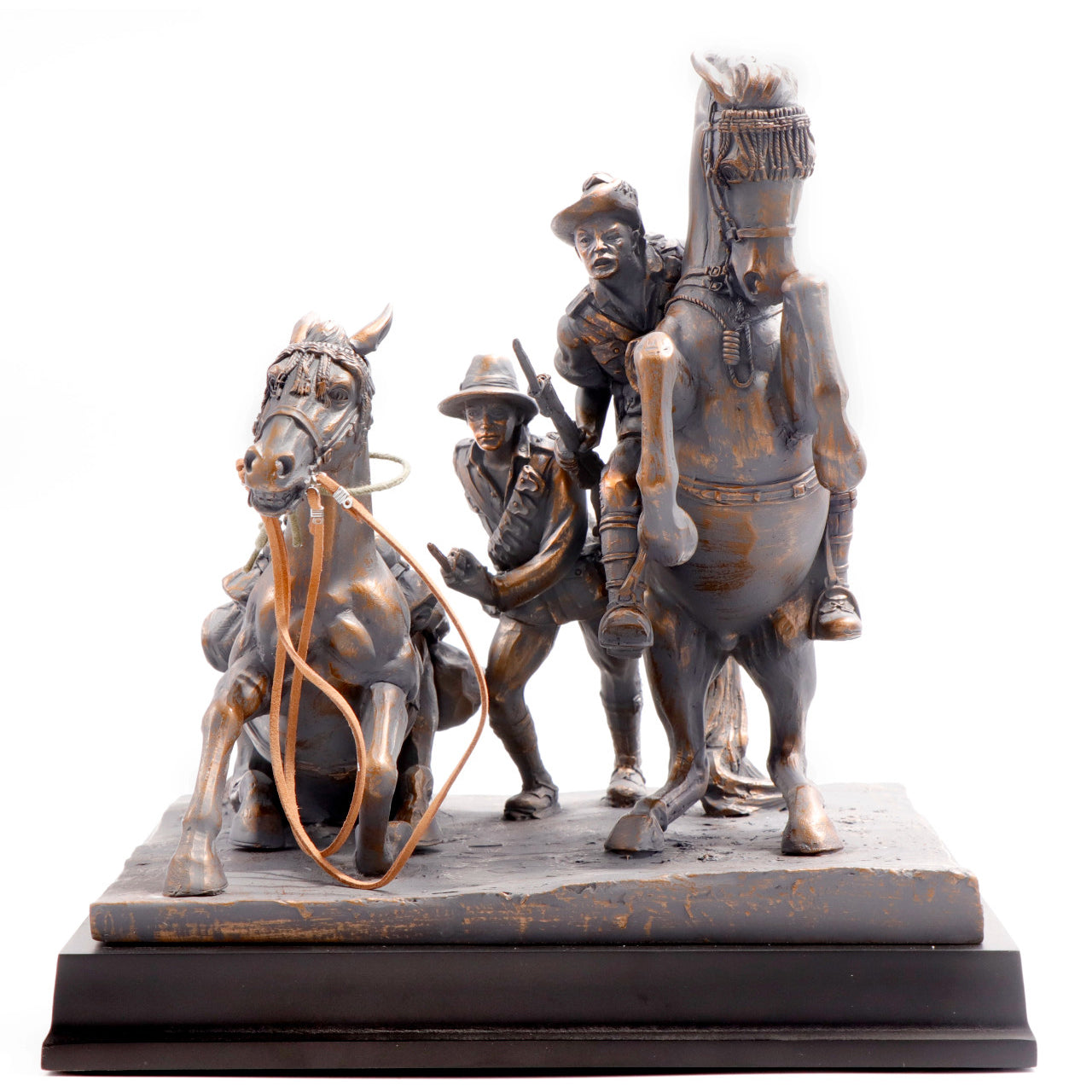 This limited edition cold cast bronze figurine honours the bonds of the Desert Mounted Corps of Australian and New Zealand soldiers who died in service or were killed in action in Egypt, Palestine and Syria during World War One. www.moralepatches.com.au