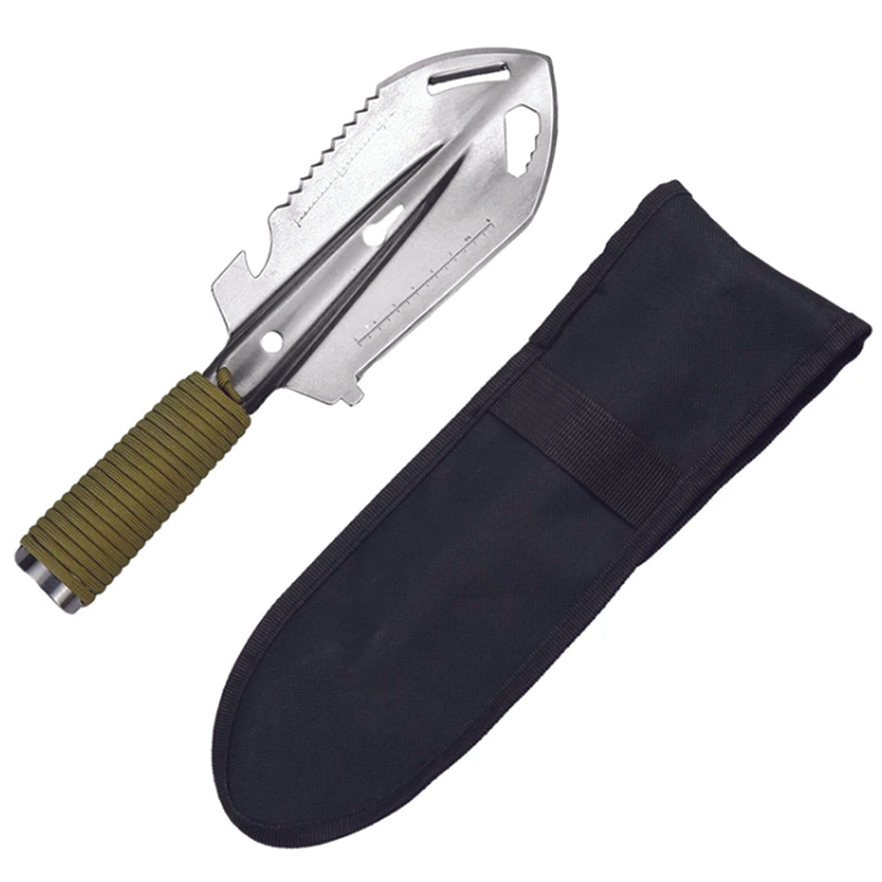 This portable trowel has many features that regular trowels don't have: Shovel Blade, Saw, Ruler, Nail Extractor, Hex Wrench, Paracord. This shovel is made of stainless steel. Extremely durable, bend resistant, and has a lot of levering power. The blade is rust and scratch resistant, stays razor sharp and you can wash it easily. www.moralepatches.com.au