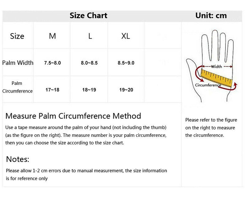 One Size Fits Most from small to large, definitely not XL or above. The velcro tightener helps keep everything firm as we put this through a rough 2 day combat test. Great set of gloves for Military, cadets, scouts, hiking, hunting, outdoor sports or riding a motorbike. Heavy duty Adjustable velcro Anti-slip material in the palm for better grip Reinforced carbon fibre knuckle area Light weight Breathable fabric