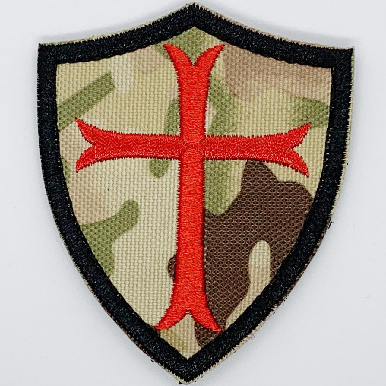 Shield with Cross Patch Hook & Loop. Size: 6.5x7.6cm HOOK AND LOOP BACKED PATCH(BOTH PROVIDED) www.moralepatches.com.au