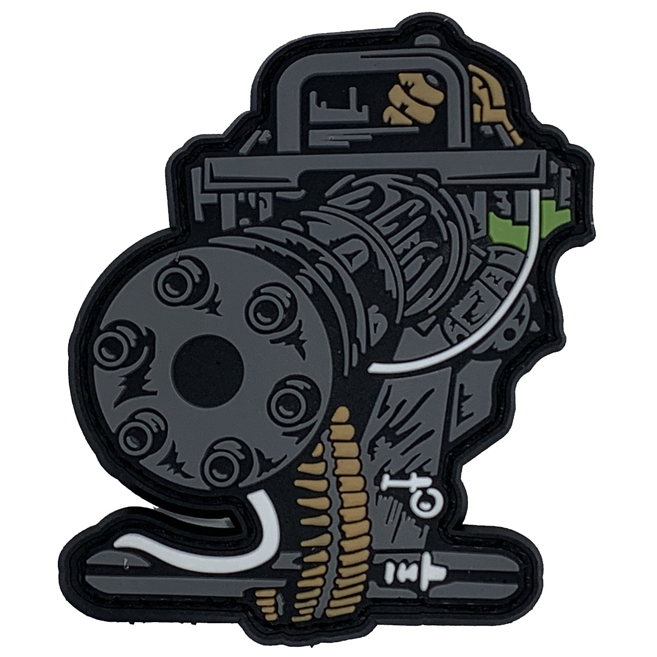 Gatling Gun PVC Patch, Velcro backed Badge. Great for attaching to your field gear, jackets, shirts, pants, jeans, hats or even create your own patch board. Size: 8.5x7cm www.moralepatches.com.au