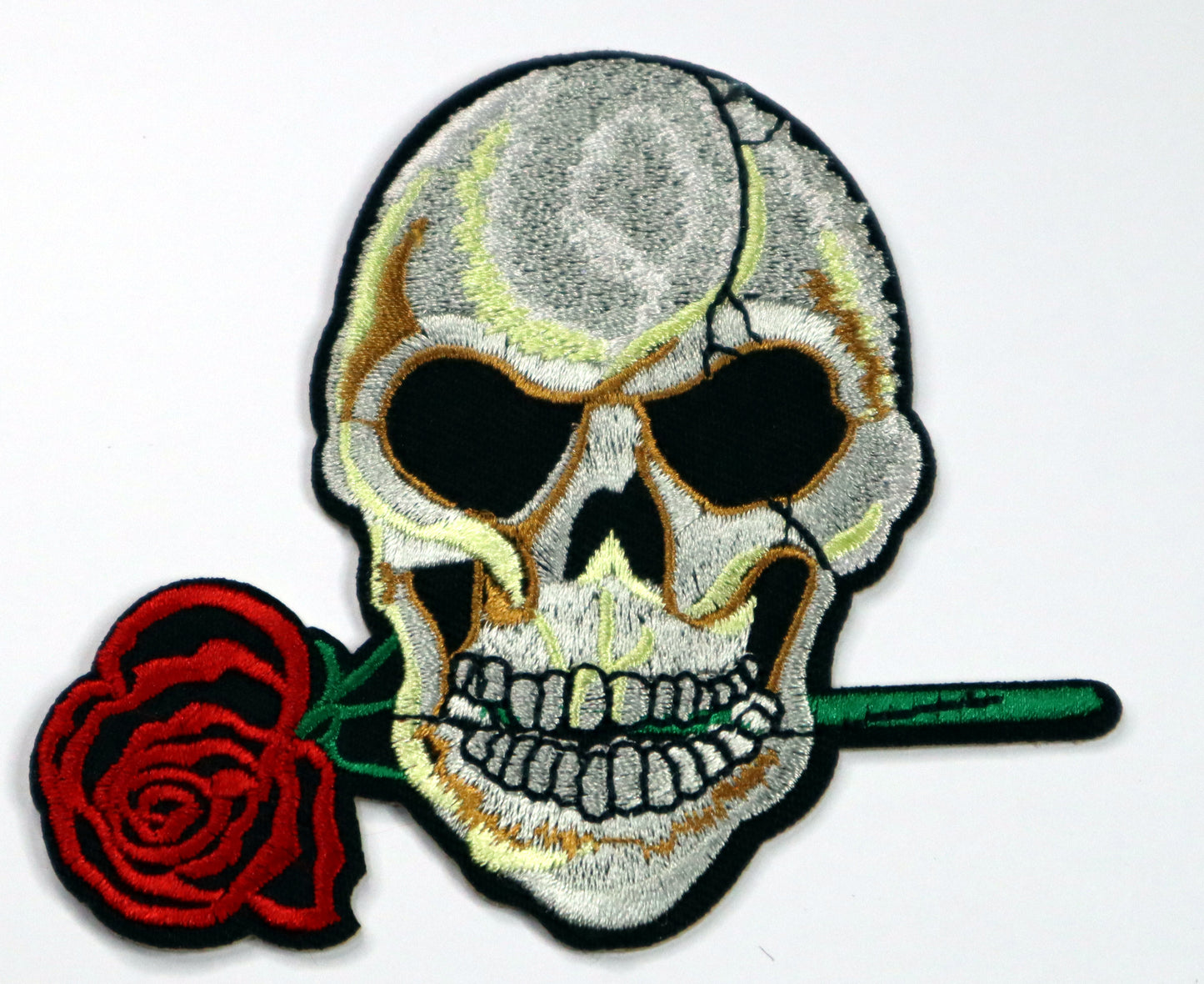 Skull with rose in mouth Iron On Patch. Great for attaching to your jackets, shirts, pants, jeans, hats. Size: 10x8.8cm