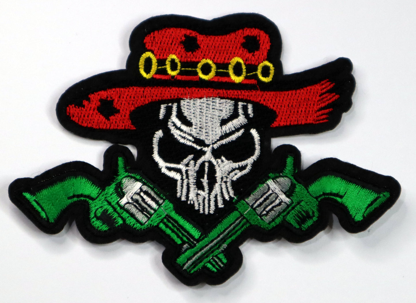 Skull with double pistols Iron On Patch. Great for attaching to your jackets, shirts, pants, jeans, hats. Size: 11.5x8.5cm