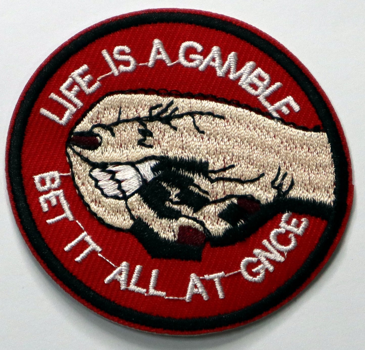 Life is a gamble, bet it all at once Iron On Patch. Great for attaching to your jackets, shirts, pants, jeans, hats. Size: 7cm