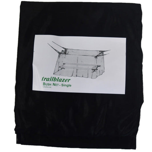 Extra fine nylon mesh Trailblazer Bush Net is an excellent way to protect your bed or cot from mosquitoes and other flying insects, reinforced corners with ties.  Box Shape for hanging over a stretcher  Size: Single
