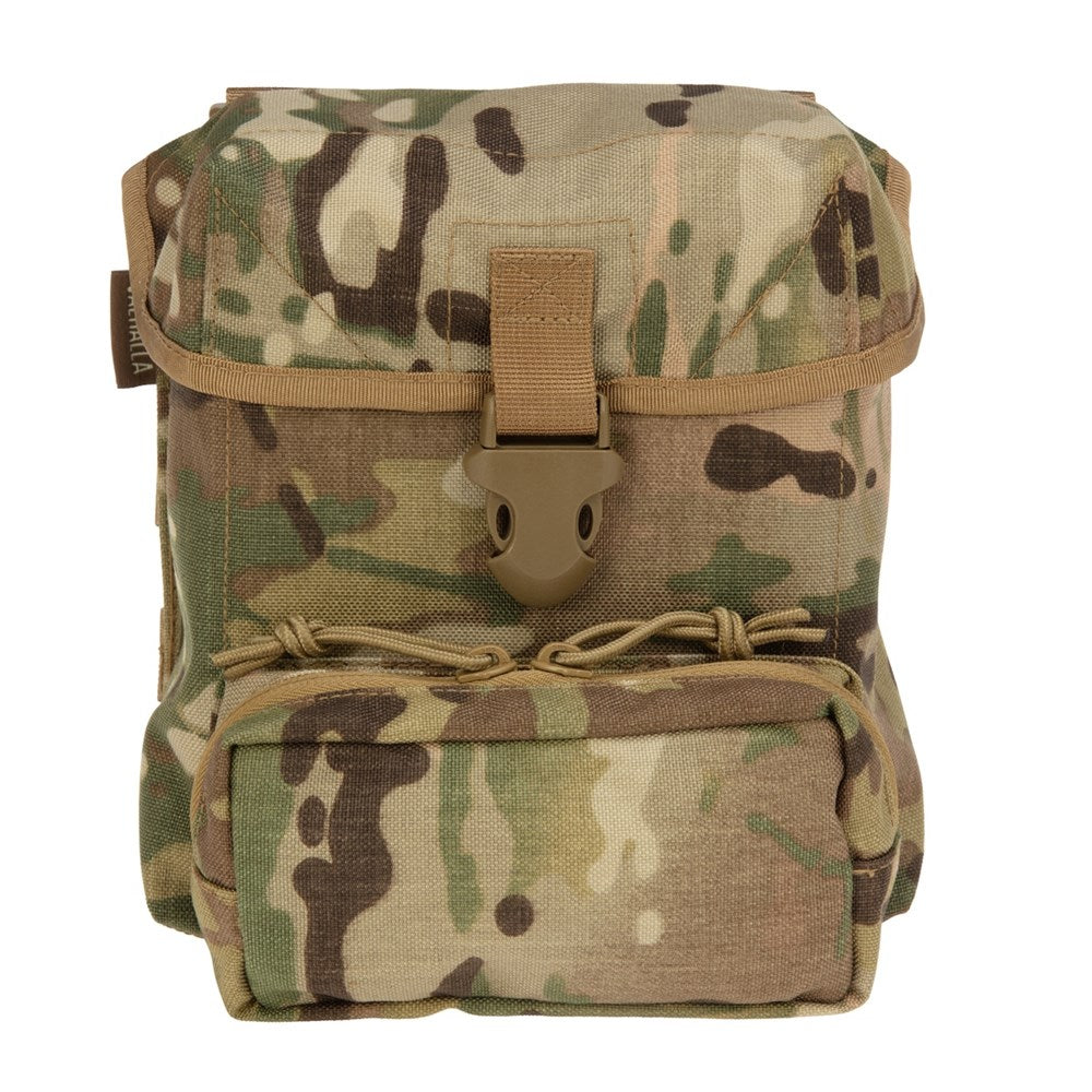 Admin pocket on the front of the pouch for extra holding space - utilises space and saves money on modifications Fits 200 rounds of 5.56mm disintegrating link 150 rounds of 7.62 link (Approx) or two 1L flasks Horse shoe and Velcro® closure Hard plated face Double layered fabric for added reinforcement Genuine Multicam MOLLE compatible