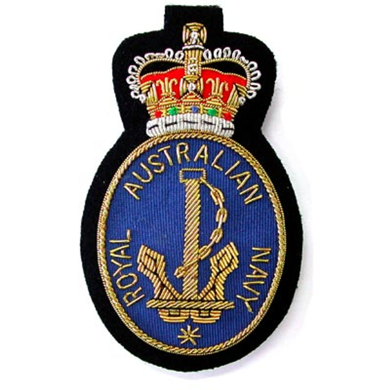 Superb Navy Bullion Pocket Badge perfect for your Blazer, bag or where you want a stylish badge Approximate size 80x80mm Securely fastens with 3 butterfly catches on the back www.moralepatches.com.au