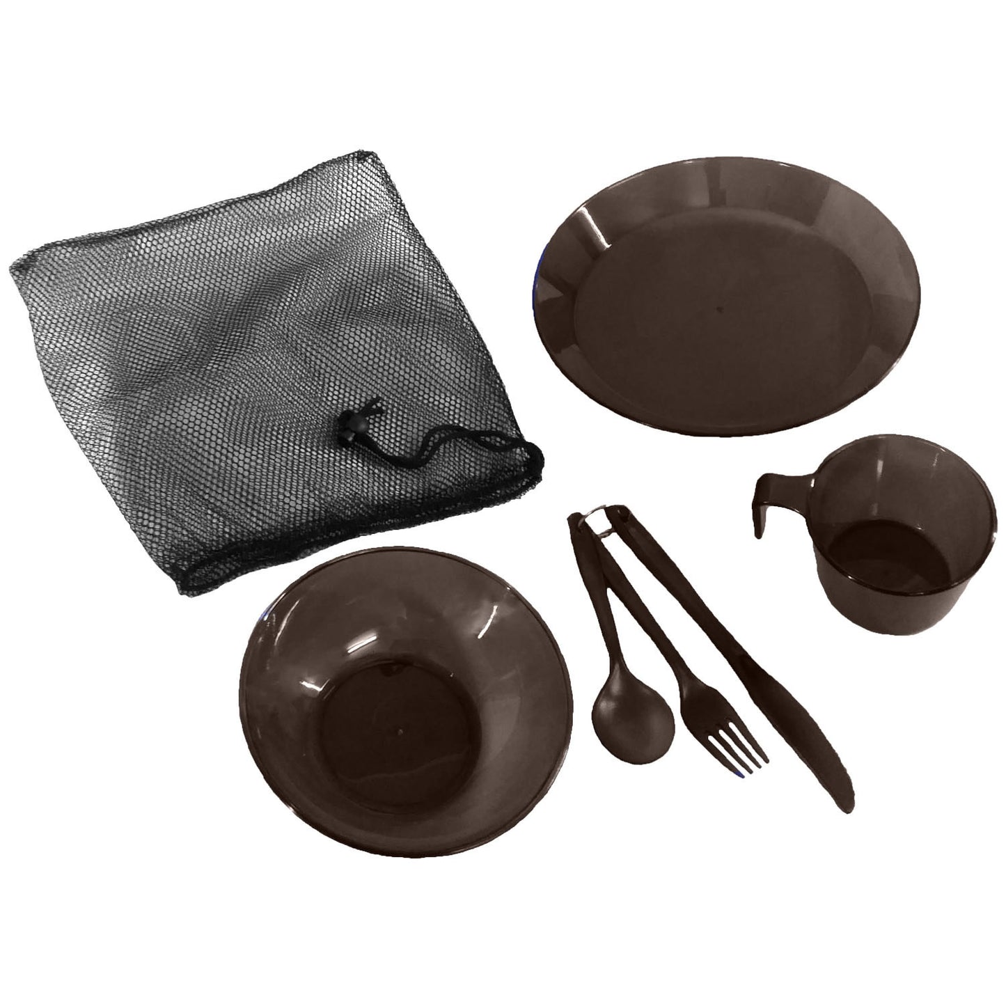 Great addition to your outdoor kit for camping, cadets, scouts and outdoor activities Sturdy and lightweight Comes in mess carry bag with draw cord Plate 25cm Bowl 16cm Mug 7.5cm Knife 21.5cm Fork 18.5cm Spoon 15.5cm