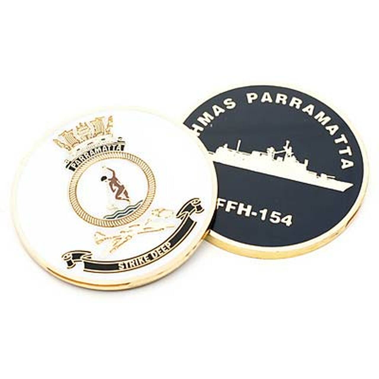 HMAS Parramatta medallion. This spectacular 48mm full colour enamel medallion with the ships crest on the front and ships profile on the revers, will start conversations wherever you show it or hand it out.