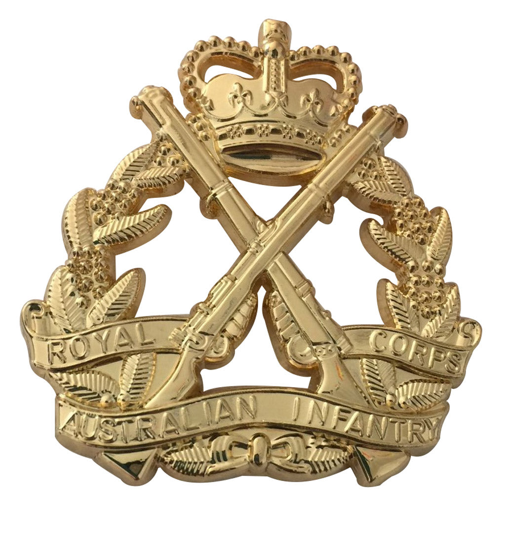 Royal Australian Infantry Corps Badge Crossed Guns and Crown on Floral Wreath (Reproduction) Measures 4.8 cm x 4.8 cm
