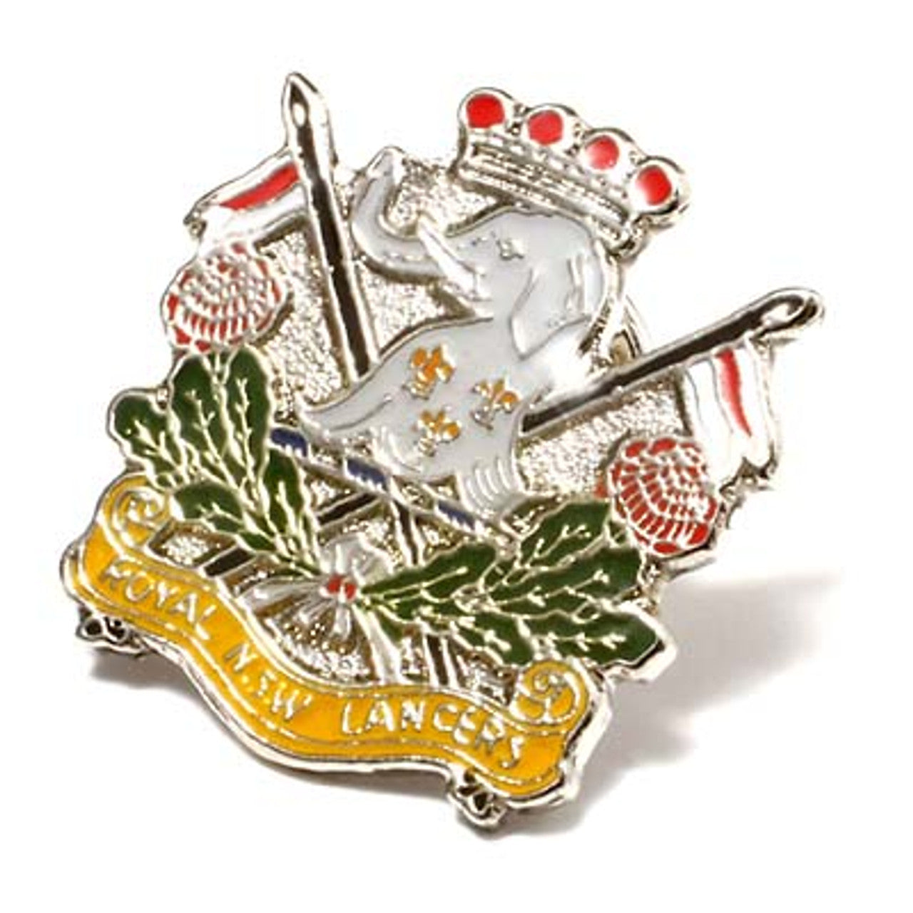 The Royal New South Wales Lancers (RNSWL) 20mm full-colour enamel lapel pin. This beautiful silver-plated lapel pin will look great on both your jacket and your cap. Specifications: Material: Silver-plated zinc alloy, enamel overlay Colour: White, silver, green, yellow, red Size: 20mm www.moralepatches.com.au