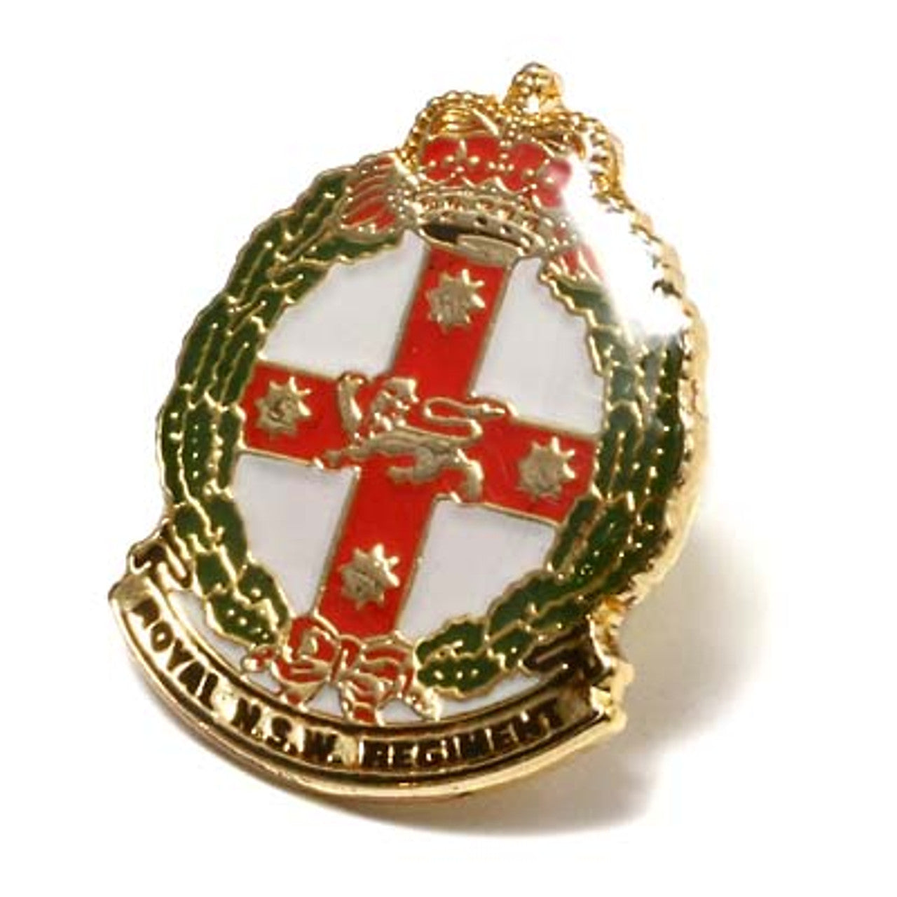 The Royal New South Wales Regiment (RNSWR) 20mm full-colour enamel lapel pin. This beautiful gold-plated lapel pin will look great on both your jacket and your cap. Specifications: Material: Gold-plated zinc alloy, enamel overlay Colour: Red, white, green, gold Size: 20mm www.moralepatches.com.au