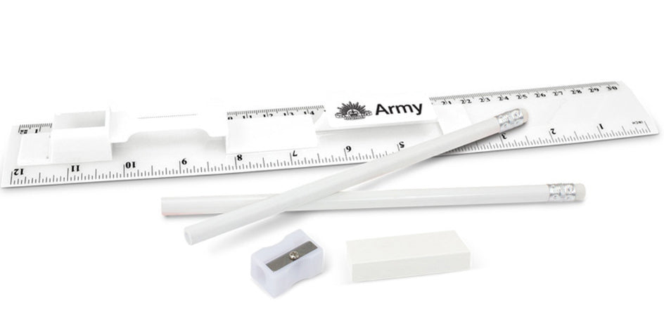 Army branded stationery set which consists of a 30cm ruler, two unsharpened pencils, a pencil sharpener and an eraser in one compact unit. The ruler has both metric and imperial graduations. Fabulous and functional event promotional gift, great for kids