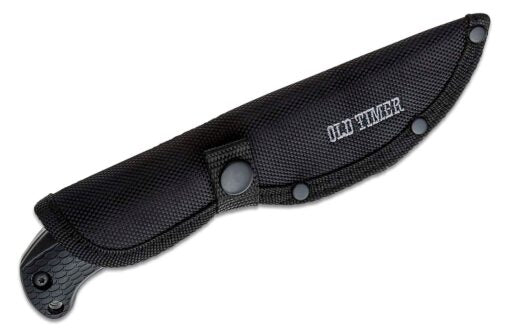 The Schrade Old Timer Copperhead Drop Point Fixed Blade features a full tang 3.71″ Titanium-Nitride coated blade made from 7Cr17MoV high carbon stainless steel. The handles are snake skin textured rubber with a jimped thumb ramp, finger guard, and lanyard hole. Comes with a black nylon belt sheath.