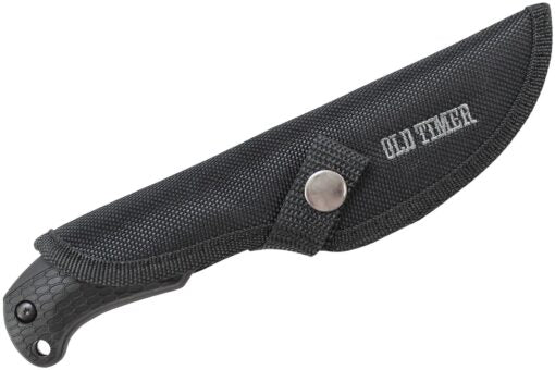 The Schrade Old Timer Copperhead Guthook Fixed Blade features a full tang 3.71″ Titanium-Nitride coated drop point blade made from 7Cr17MoV high carbon stainless steel. The handles are snake skin textured rubber with a jimped thumb ramp, finger guard, and lanyard hole. Comes with a black nylon belt sheath.